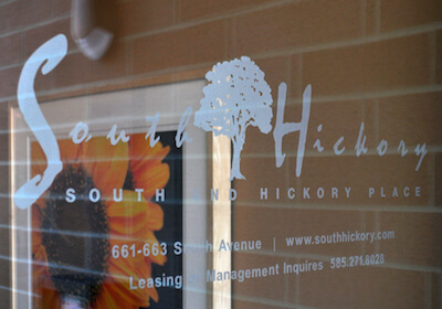 South and Hickory glass door