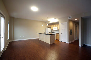 Kitchen and dining area of an apartment at South and Hickory Place