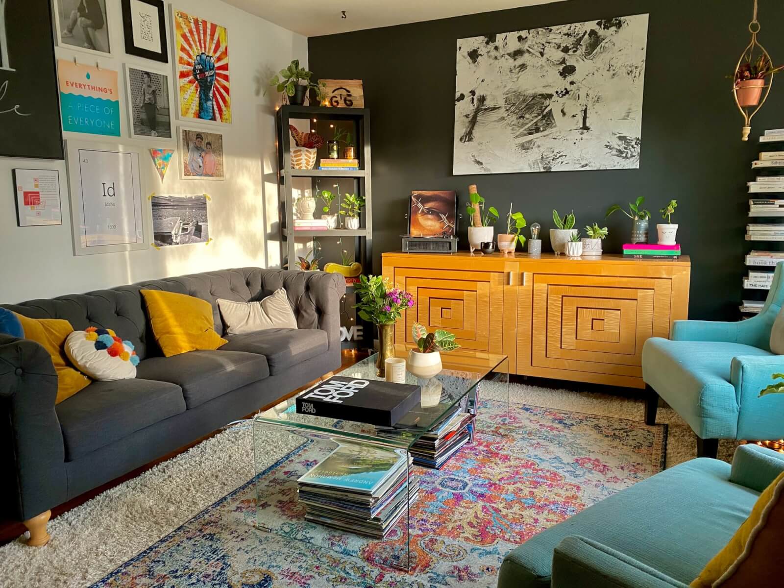 Photo of a living room with layered rugs. Image credit: LeeAnn Cline