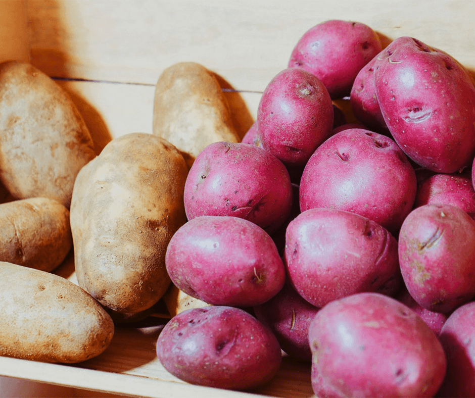 Red and white potatoes in a crate. Image credit: Kindel Media